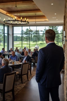 Male Manager Overlooking Crowded Dining Room with Golf Course View