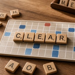 Scrabble Letters C L E A R on a Game Board with Surrounding Tiles