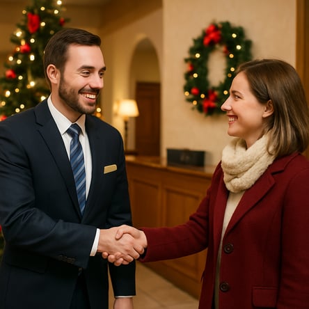 employee greeting guest during the holidays