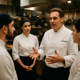 executive chef with no hat talking to the culinary staff in the restaurant kitchen