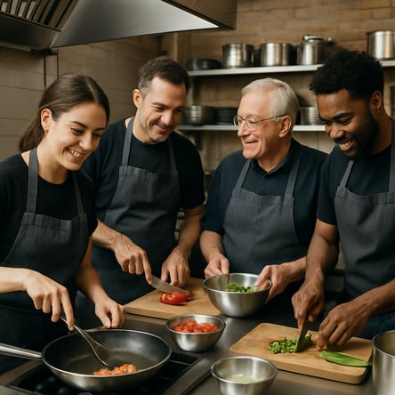 multiple generations working in a restaurant kitchen setting without chef hats