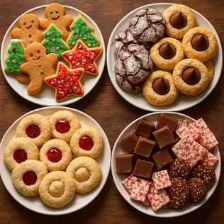plates of different types of homemade cookies and candy for the holidays